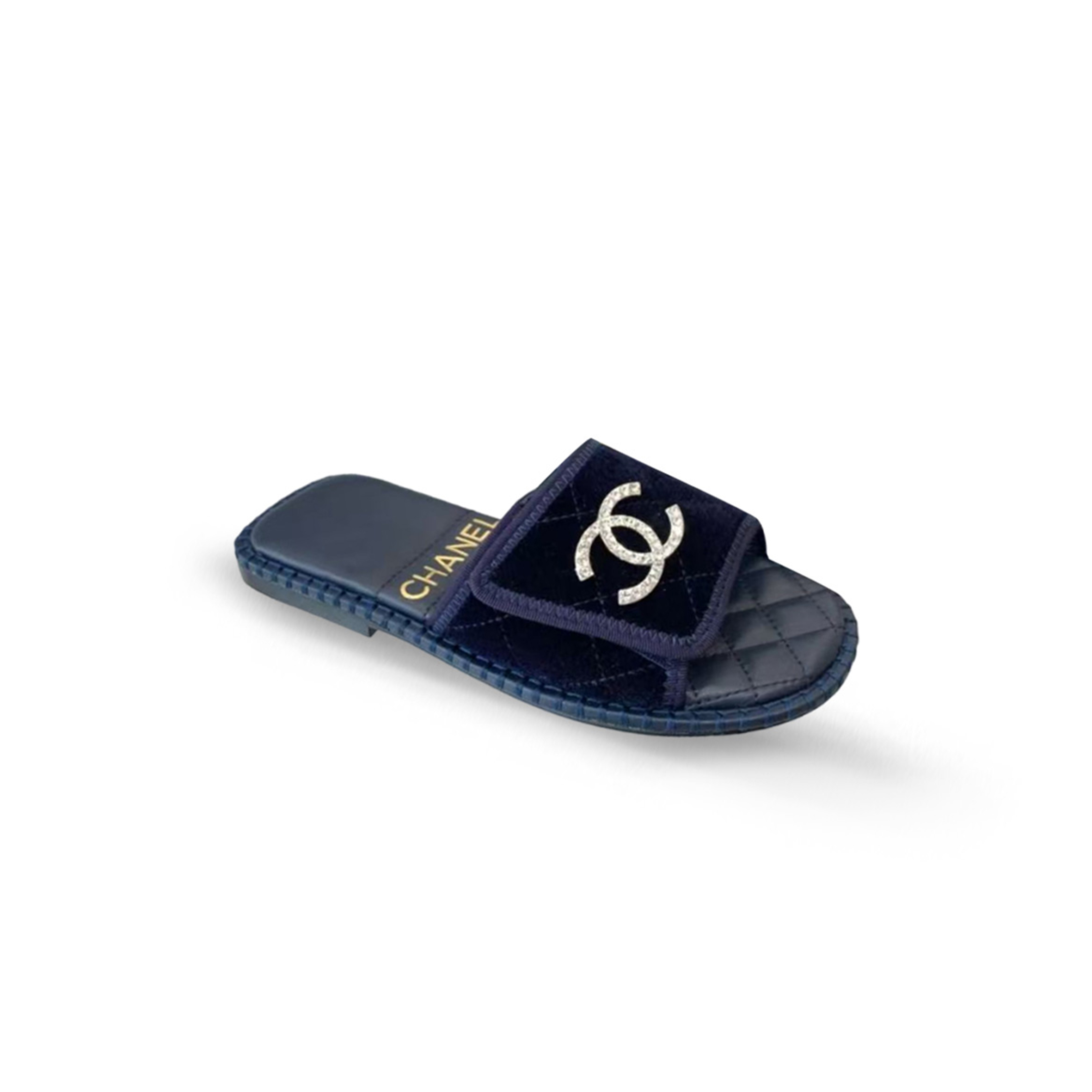 CHANEL QUILTED VELVET CC SLIDES
